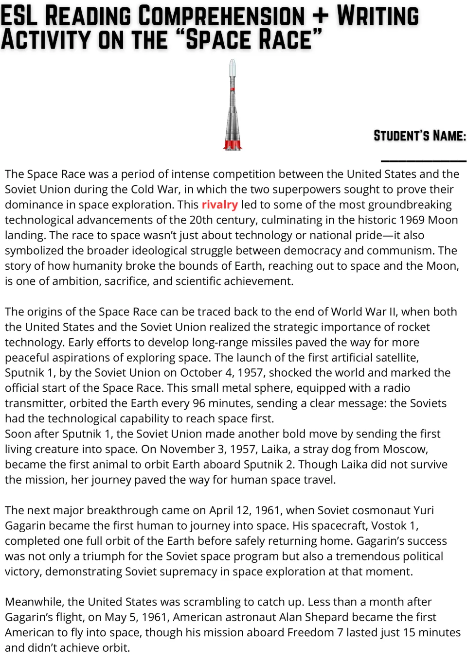 Space Race reading passage, part 1: students read about Sputnik 1, Laika, Yuri Gagarin and Alan Shepard's 1961 flight