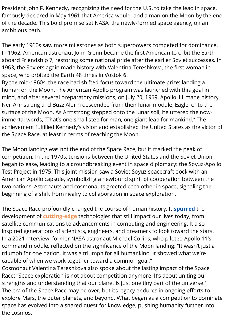Space Race passage, part 2: Kennedy's Moon goal, Apollo 11 landing, Soyuz-Apollo docking and Tereshkova's quote