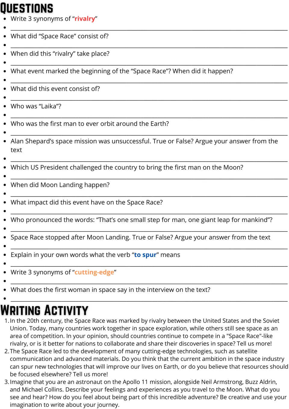 Space Race questions: students answer 16 comprehension and vocabulary items, then pick one of three essay prompts
