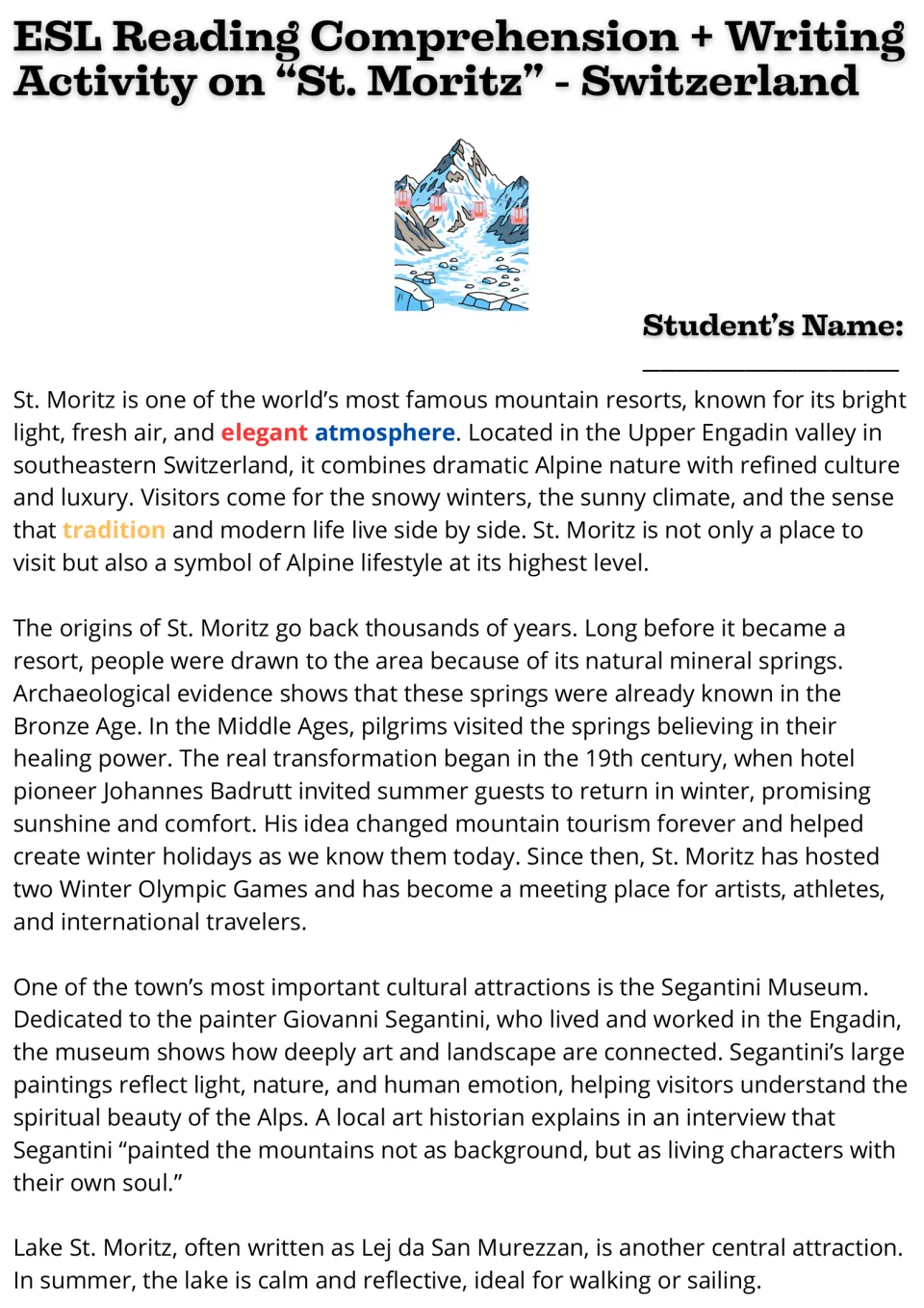 St. Moritz reading passage, part 1: students read about mineral springs, Johannes Badrutt and the Segantini Museum