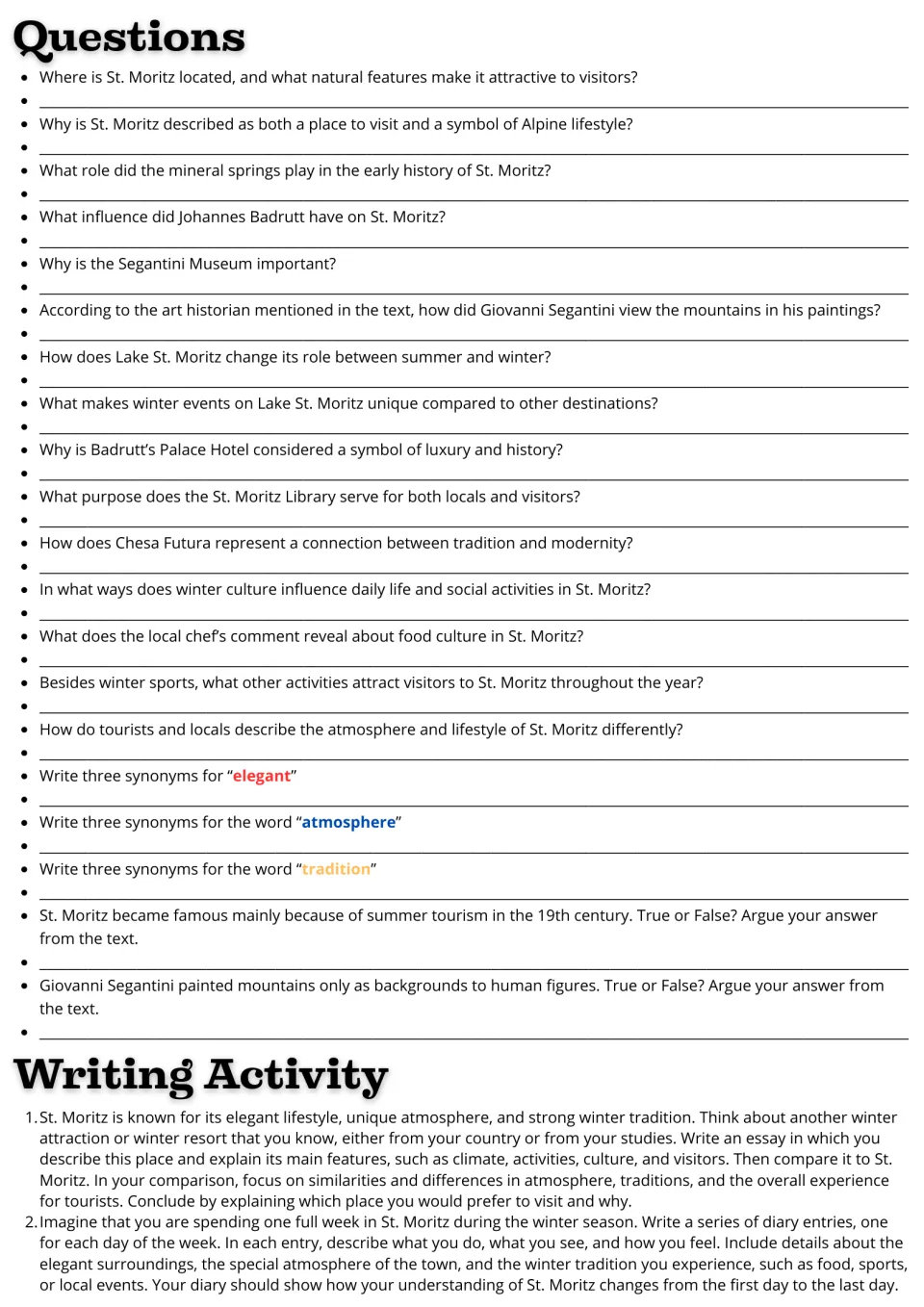 St. Moritz questions: 20 comprehension, synonym and true-or-false items, then a resort comparison essay or diary prompt