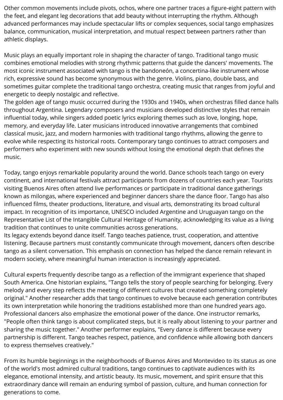 Tango reading passage, part 2: dance movements, music, global popularity, and cultural significance.