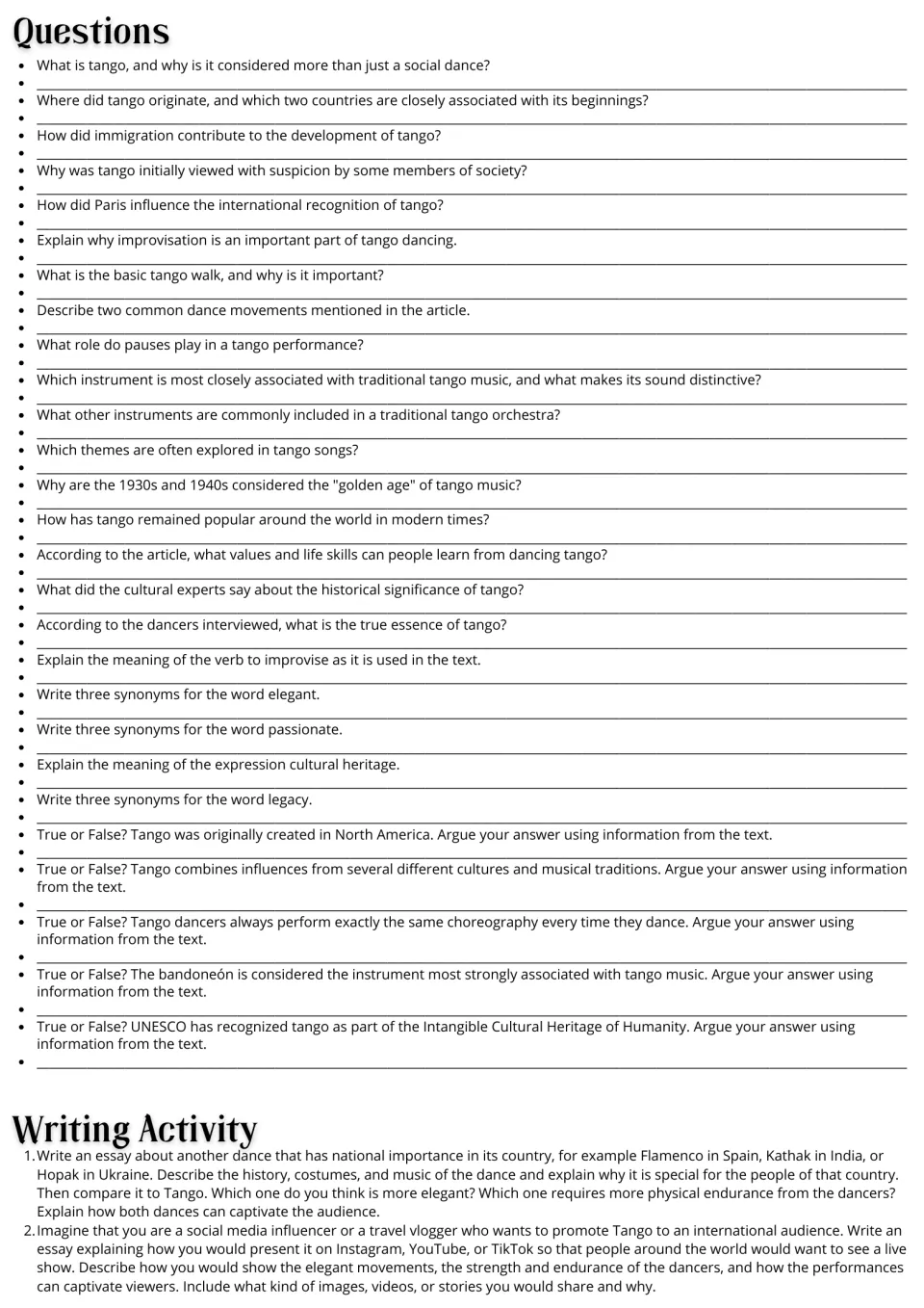 Tango practice: 27 comprehension, vocabulary, and true-or-false questions plus two essay writing prompts.