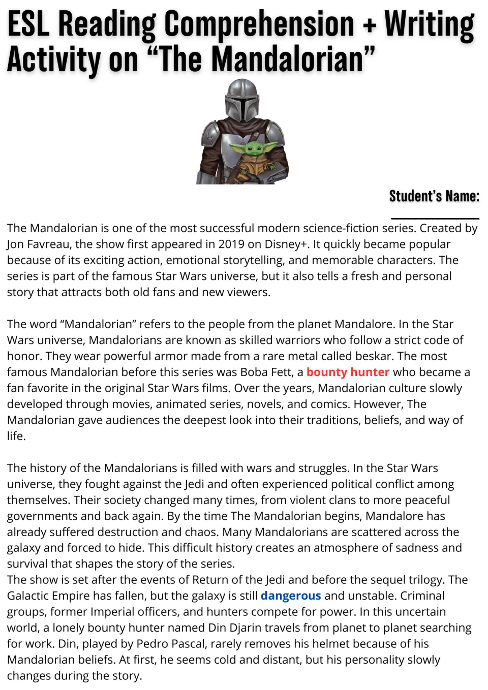 Reading passage on The Mandalorian: students read about the show, Mandalorian history and Din Djarin, with colored terms