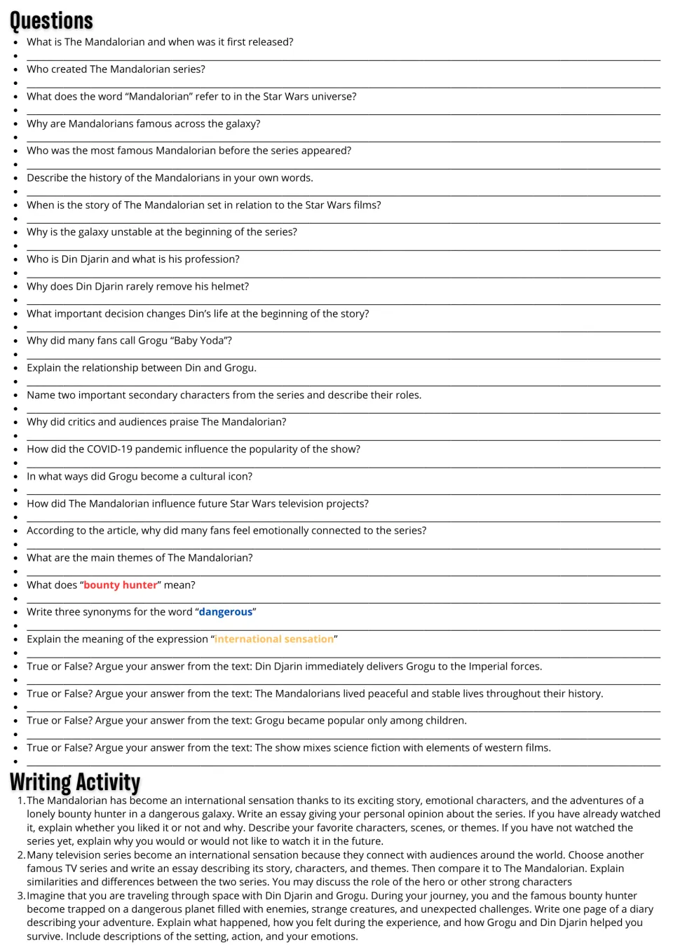 Comprehension questions and writing activity: students answer 27 written questions, then respond to three essay prompts