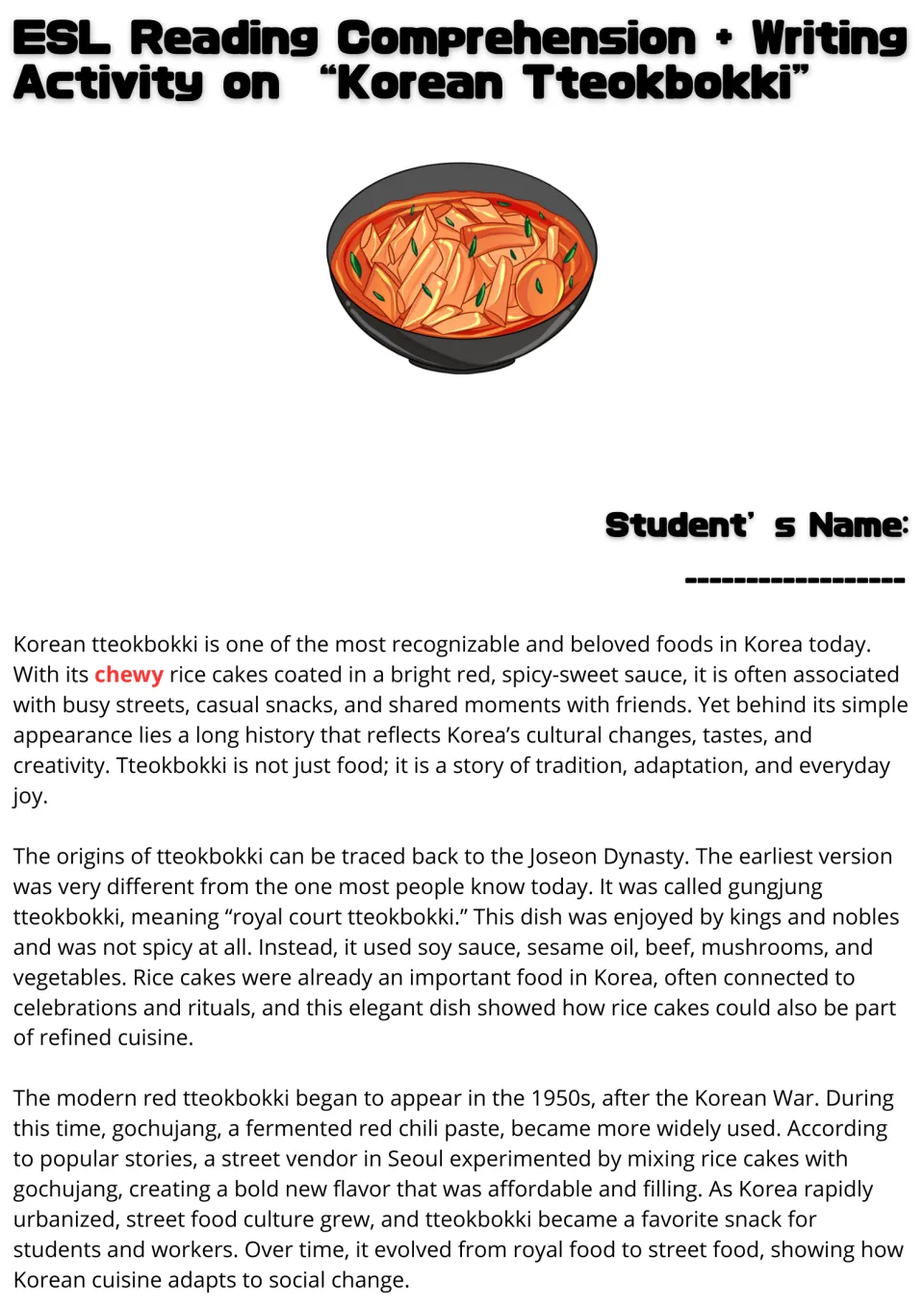 Reading passage opening on Korean tteokbokki: royal court origins and its rise as a spicy street food.