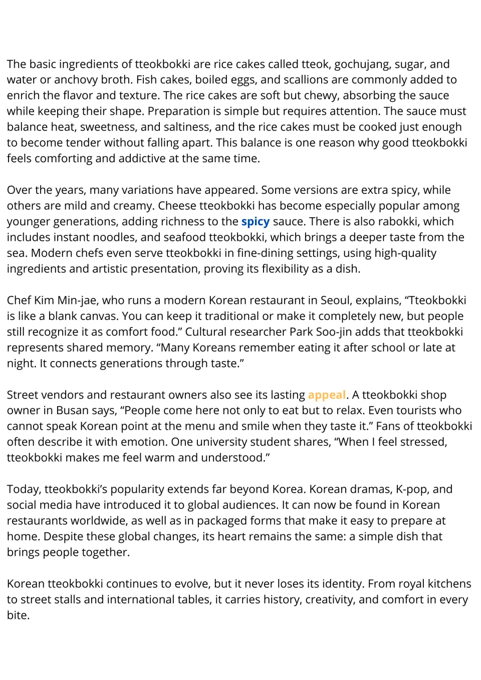 Reading passage continuation on tteokbokki: ingredients, preparation, variations, and cultural importance.