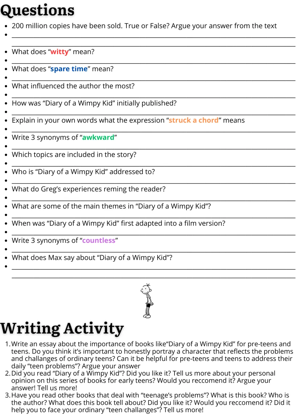 Reading response tasks: 14 comprehension and vocabulary questions followed by three essay prompts.