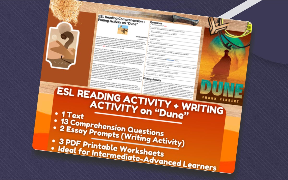 ESL Reading Comprehension + Essay Worksheet - Dune - Science Fiction teaching resource preview