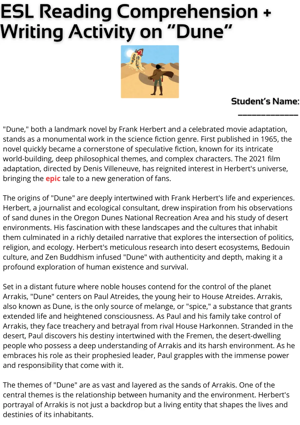 Dune reading passage: students read about Frank Herbert, Arrakis, Paul Atreides and spice, with the word epic highlighted