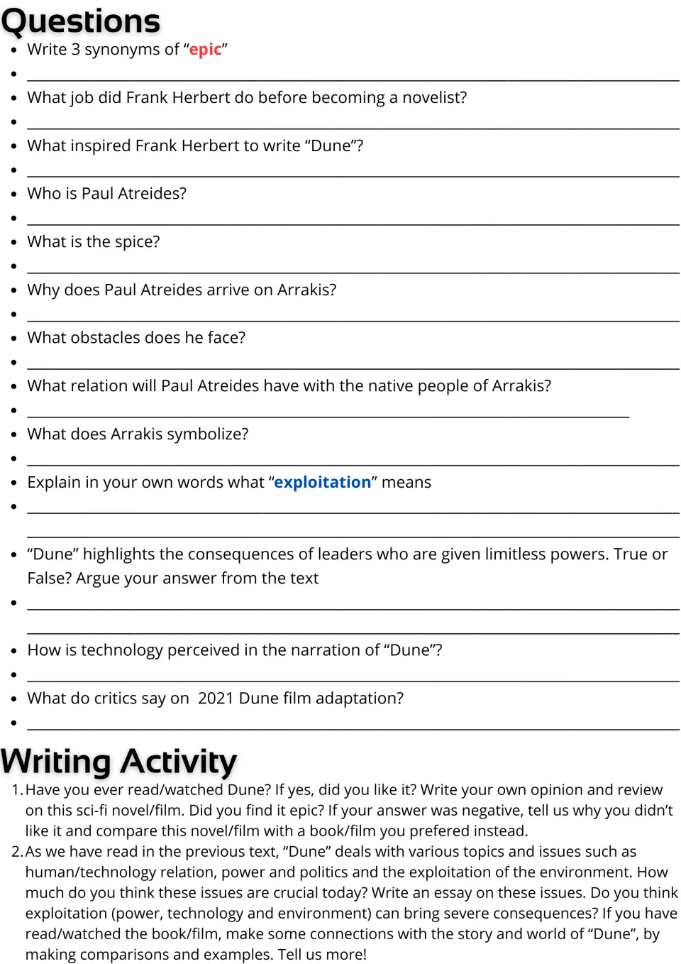 Dune questions: students answer 13 items on Herbert, Paul and Arrakis, then write a review or an essay on power and ecology