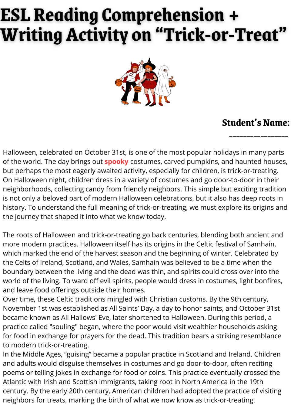Trick-or-treat reading passage, part 1: students read about Samhain, souling and guising as the roots of Halloween