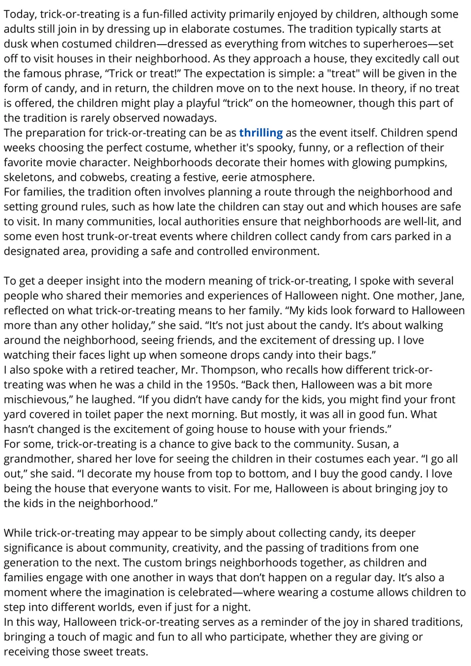 Trick-or-treat passage, part 2: students read about modern customs and interviews with Jane, Mr. Thompson and Susan