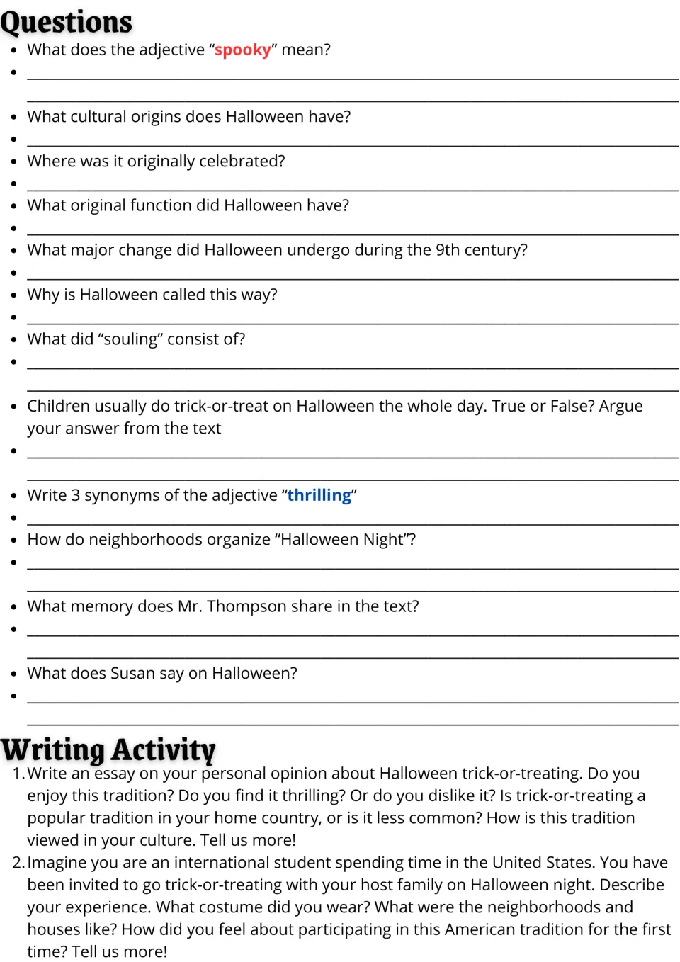 Trick-or-treat questions: students answer vocabulary, true-or-false and recall items, then write one of two essays