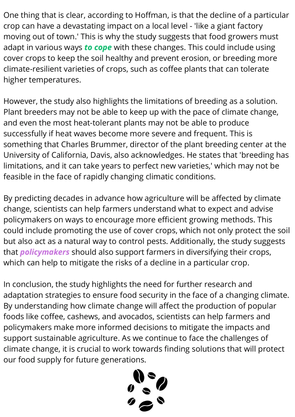 ESL reading passage conclusion: cover crops, heat-tolerant plants, crop diversity, and adaptation limits.