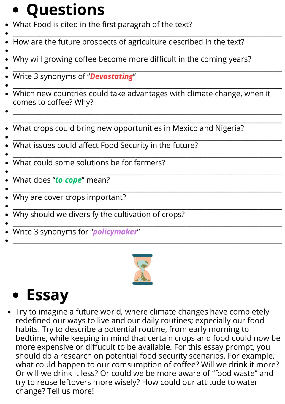 Reading follow-up: 12 comprehension and vocabulary questions plus an essay on future food habits.