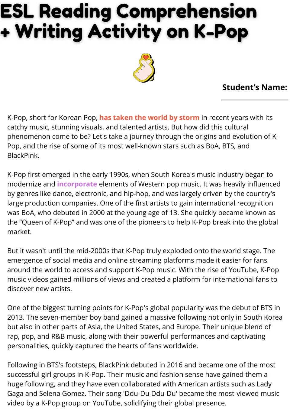 K-Pop history reading passage on BoA, BTS and BlackPink, with highlighted vocabulary such as take the world by storm