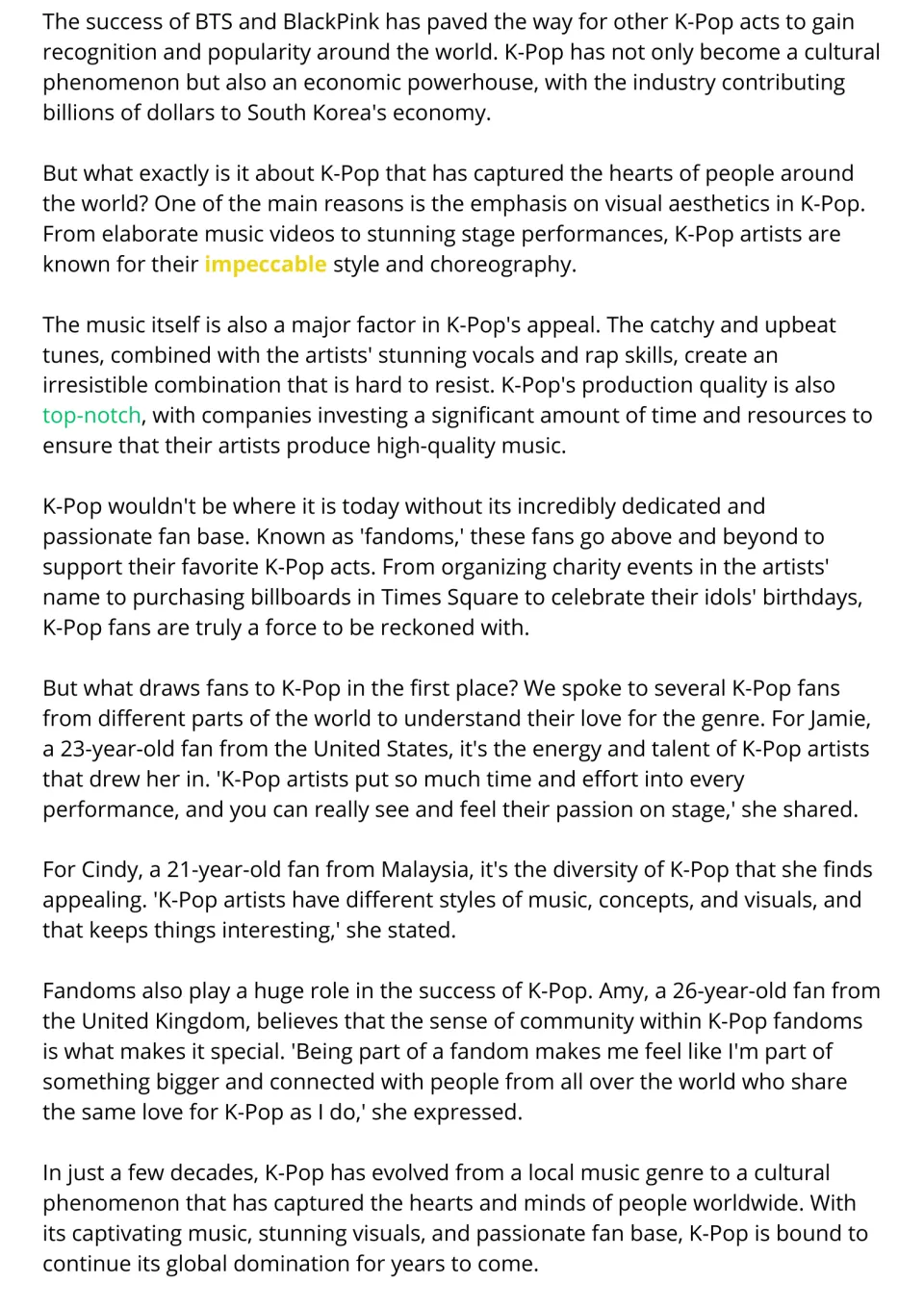 K-Pop reading continued: fandoms, visual style and fan interviews, with impeccable and top-notch highlighted as vocabulary