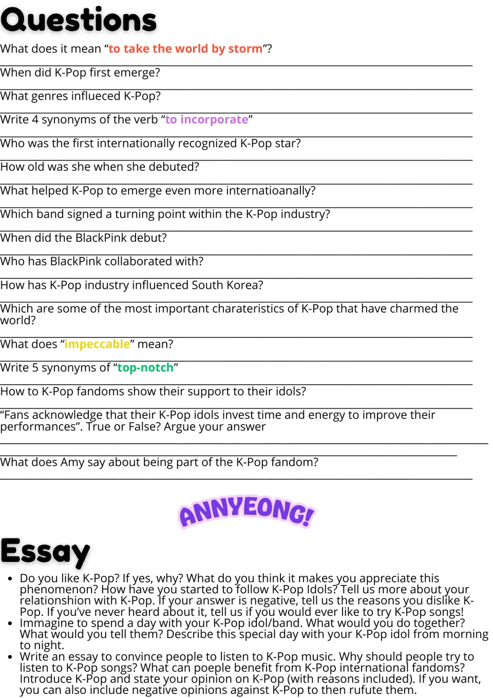 K-Pop comprehension questions on dates, synonyms and word meanings, then three essay prompts including a persuasive essay