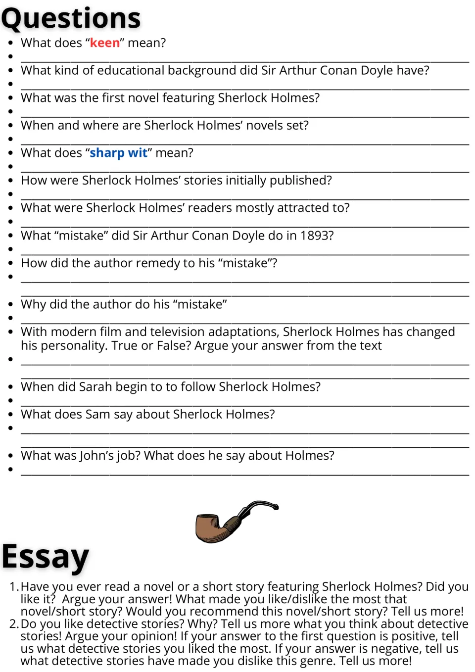 Reading response tasks: 14 comprehension questions and two essay prompts on Holmes and detective stories