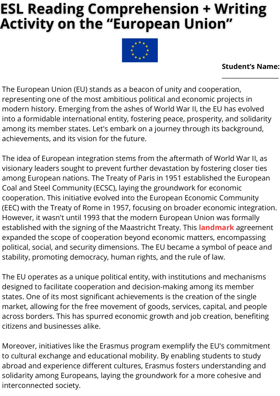 European Union reading passage, part 1: students read about EU history from the 1951 Treaty of Paris to Maastricht