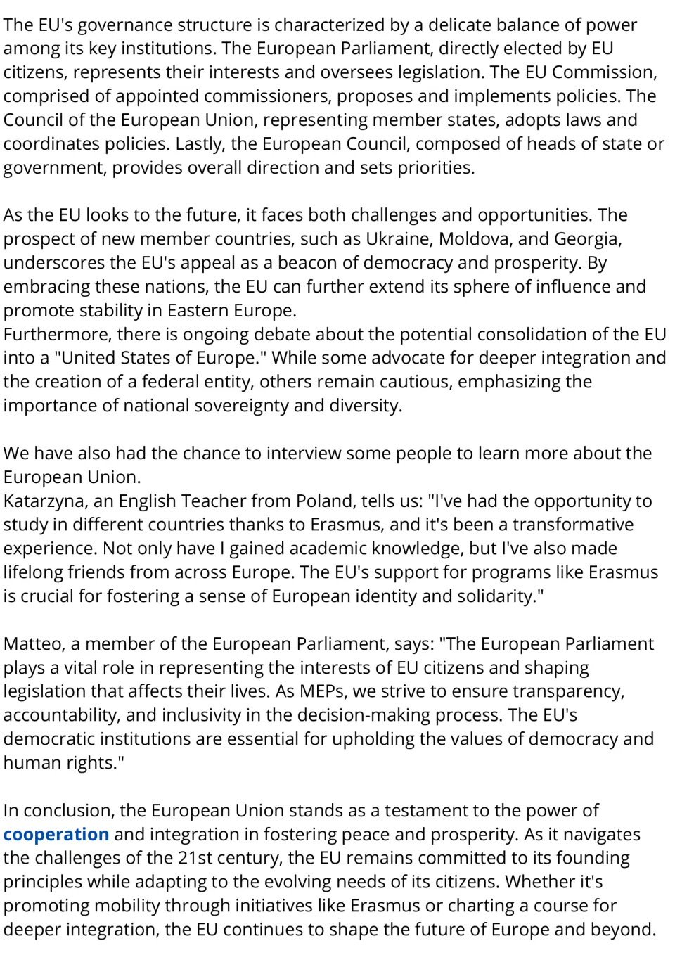 European Union reading, part 2: students read about EU institutions, candidate members and a United States of Europe
