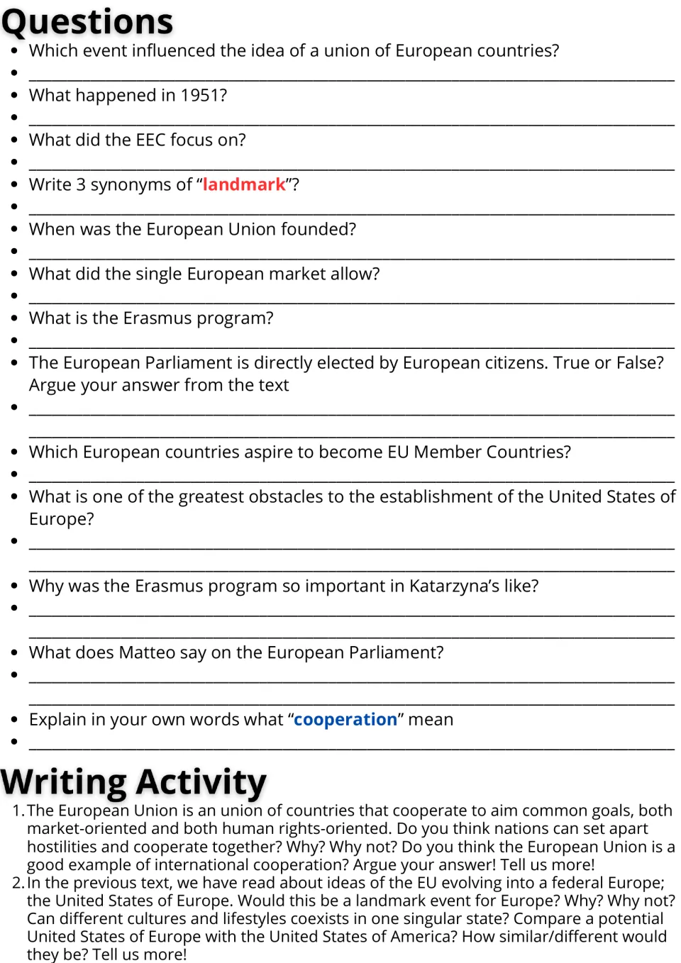 EU passage: students answer 13 comprehension and vocabulary questions, then respond to two opinion essay prompts