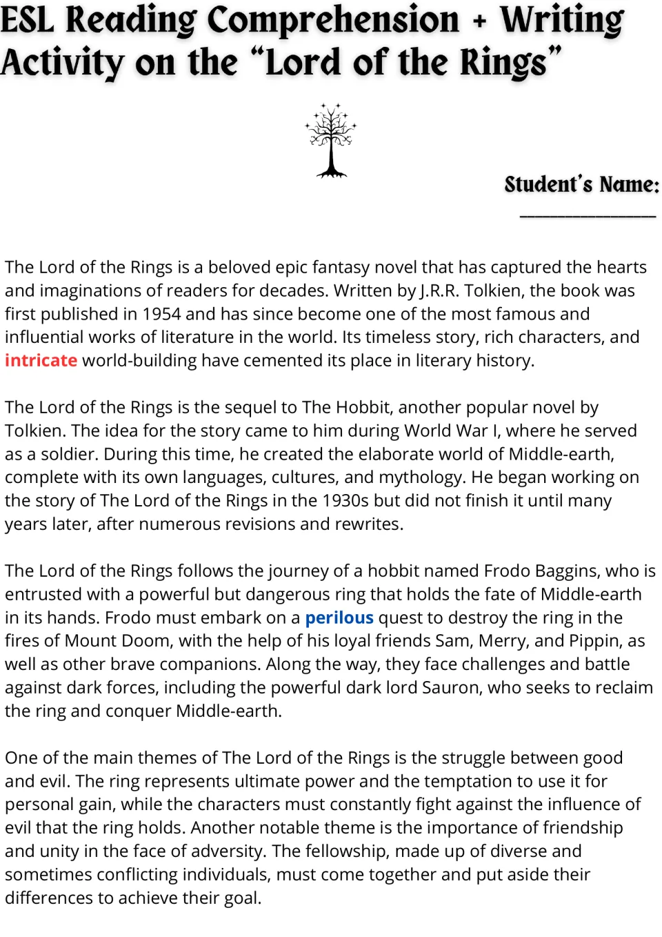 Tolkien reading passage, part 1: students read about the novel's origins, Frodo's quest and themes of good vs. evil