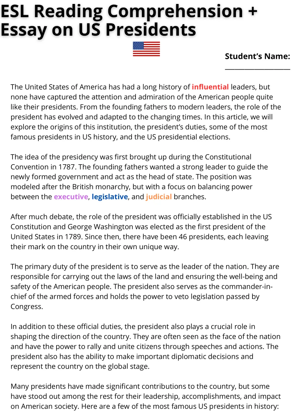 Reading passage opening: origins of the US presidency, presidential duties, and the three branches of government.