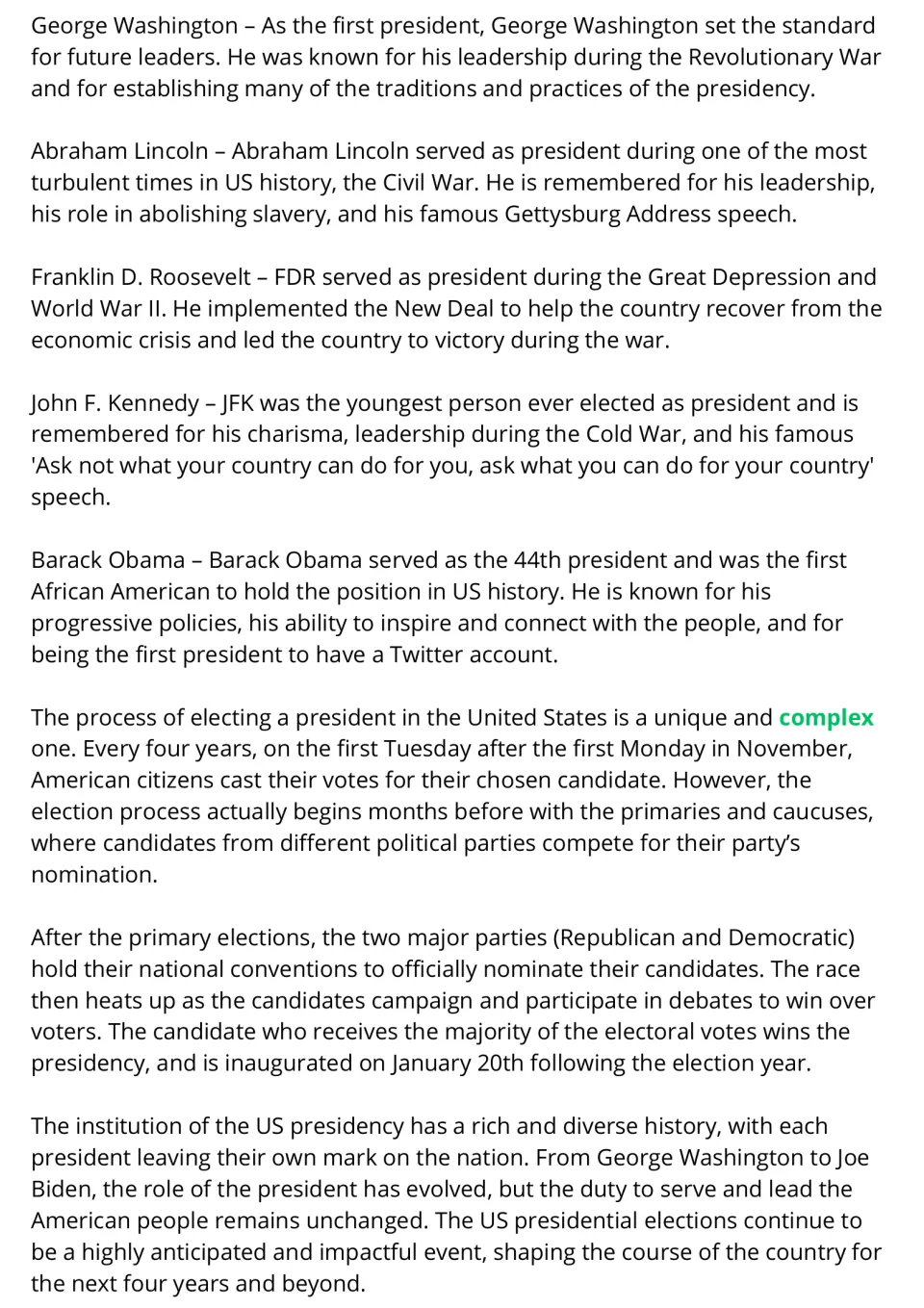 Reading passage continuation: Washington, Lincoln, Roosevelt, Kennedy, Obama, and US presidential elections.