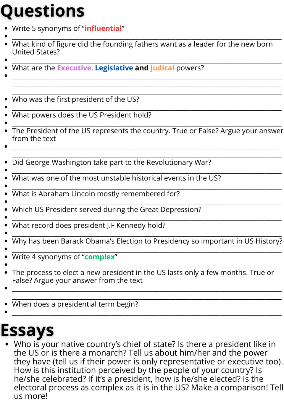 Reading response page: 15 comprehension and vocabulary questions plus an essay comparing heads of state.