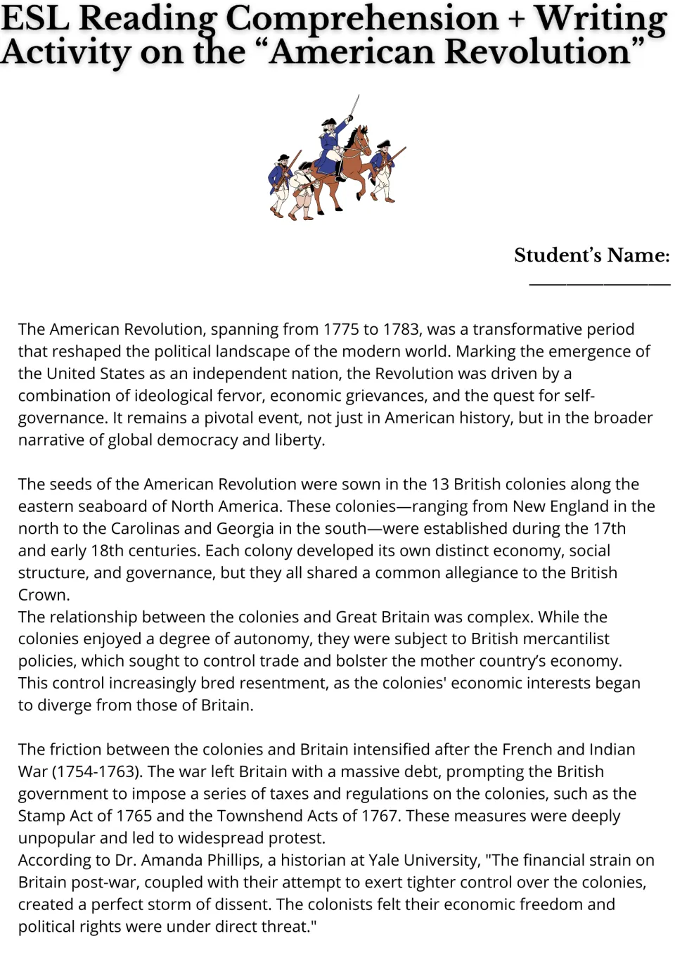 Reading passage opening: American Revolution dates, the 13 colonies, British trade policies, and taxes.