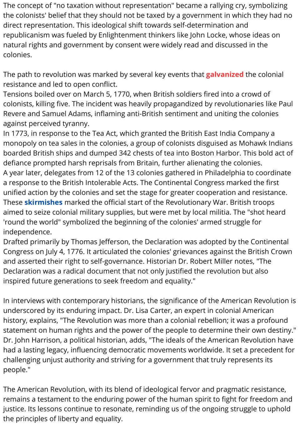 Reading passage continuation: colonial resistance, the Declaration of Independence, and the war's legacy.