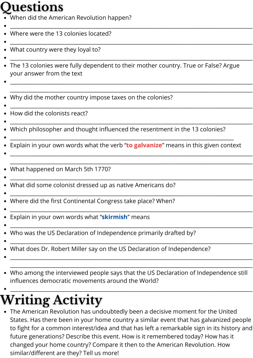 15 comprehension questions and an essay prompt comparing a home country's history to the American Revolution.