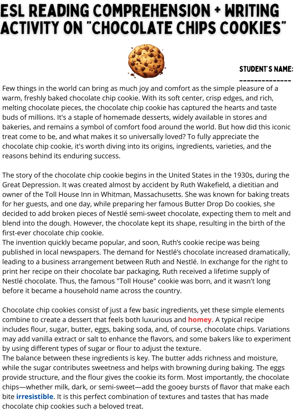 ESL reading passage, part 1: chocolate chip cookie origins, Ruth Wakefield, and basic baking ingredients