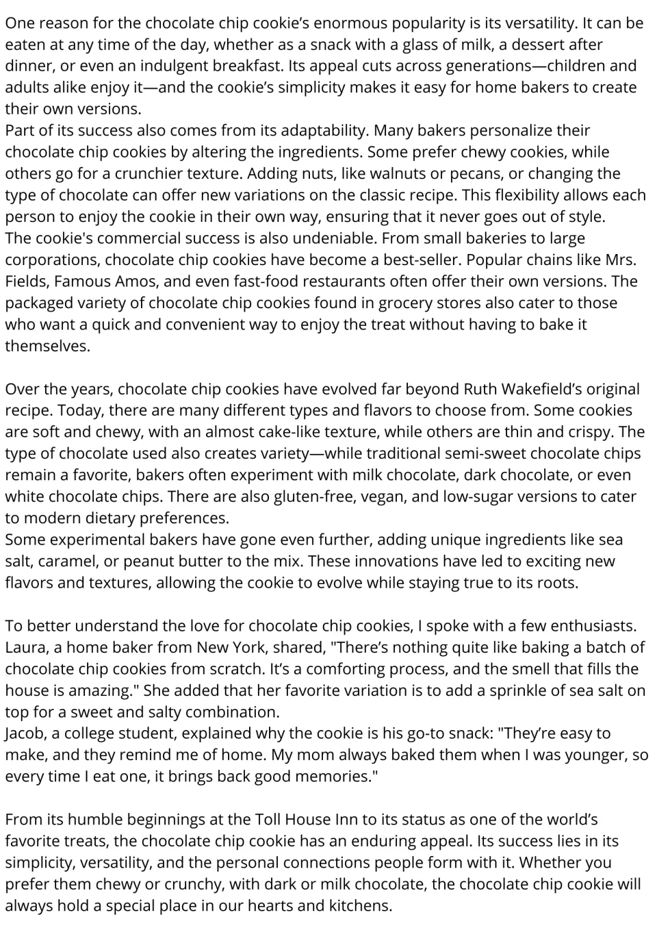 ESL reading passage, part 2: cookie popularity, recipe variations, and comments from Laura and Jacob
