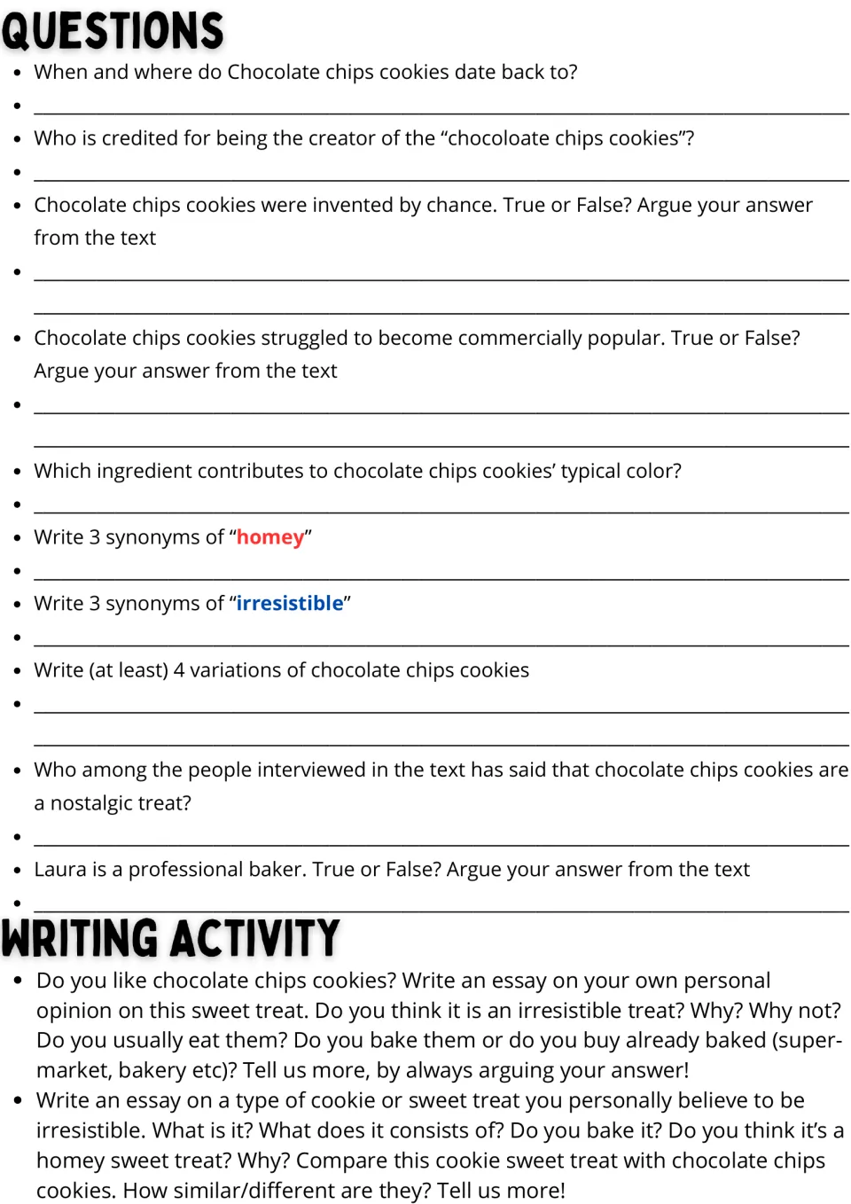 Cookie reading follow-up: 10 comprehension and vocabulary questions plus two personal opinion essay prompts
