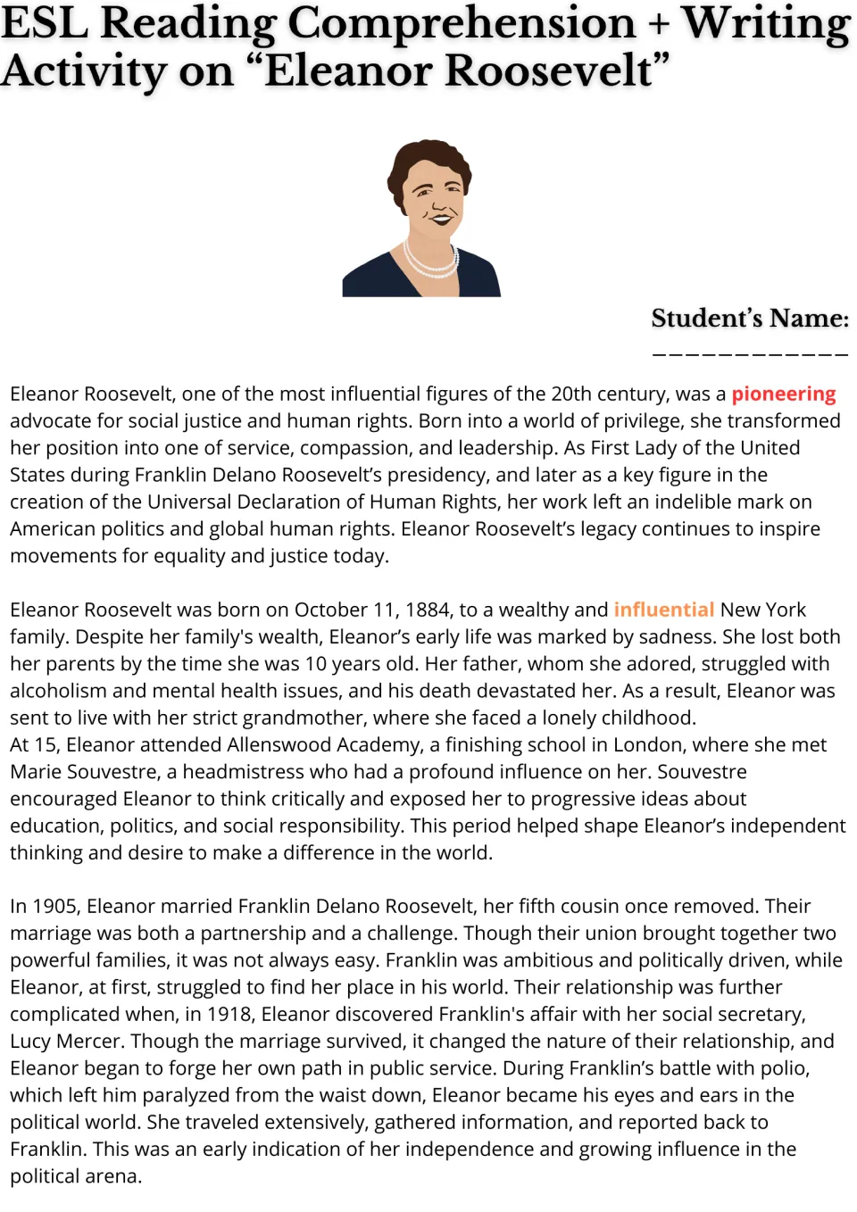 Eleanor Roosevelt reading passage, part 1: students read about her childhood, schooling in London and marriage to FDR