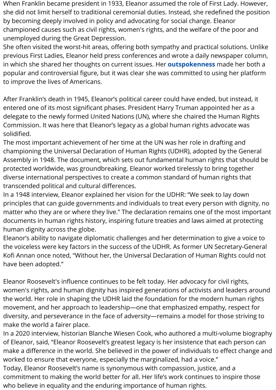 Eleanor Roosevelt passage, part 2: students read about her First Lady years, UN human rights work and the UDHR