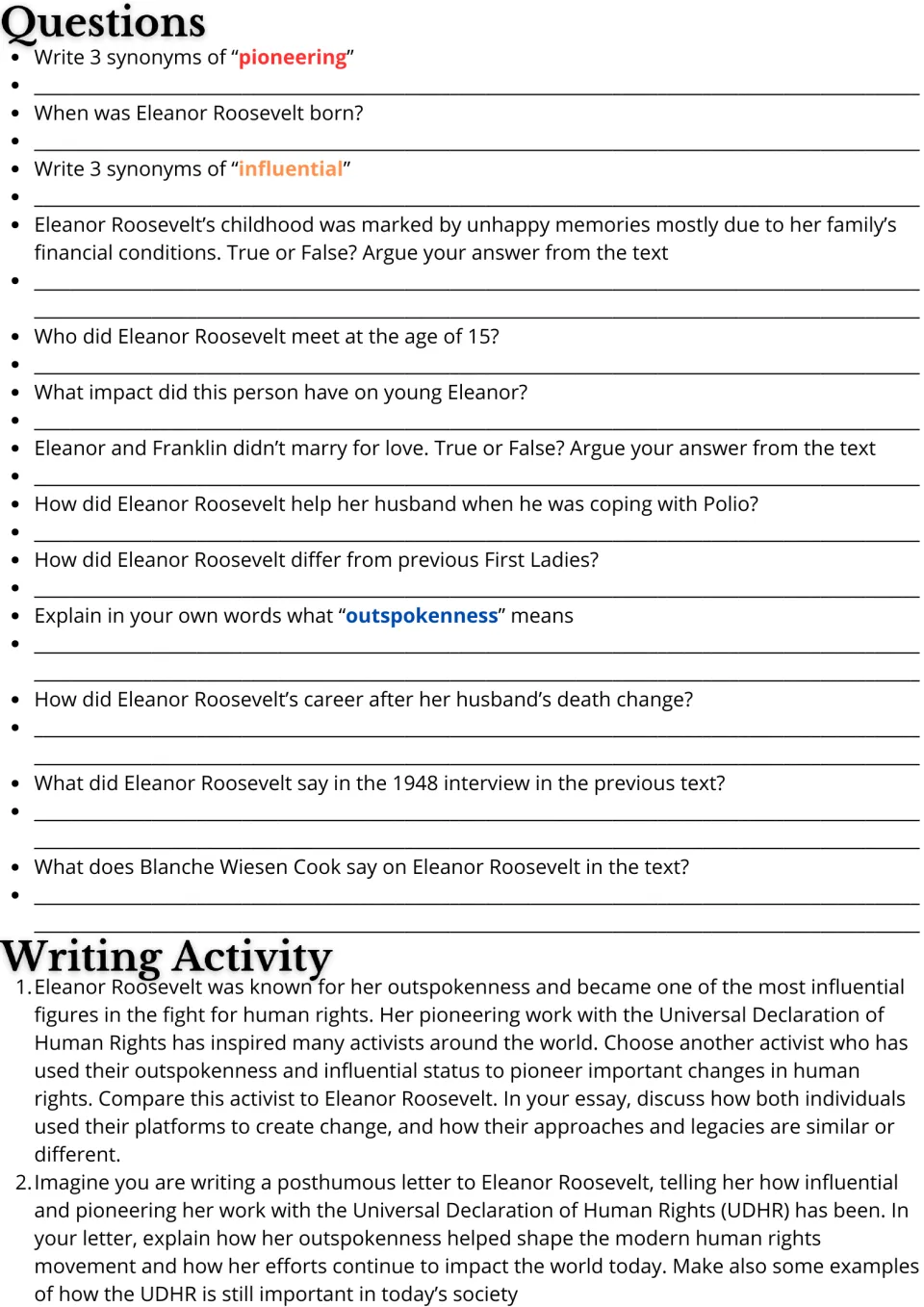 Eleanor Roosevelt questions: students write synonyms, answer true/false from the text, then write a compare essay or letter