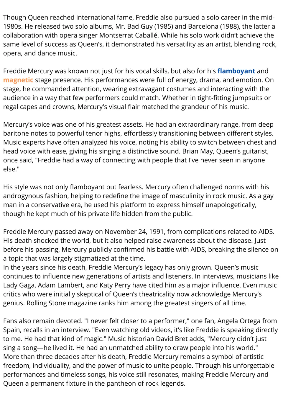 Reading passage, part 2: Freddie Mercury's solo career, stage presence, voice, style, death, and legacy.
