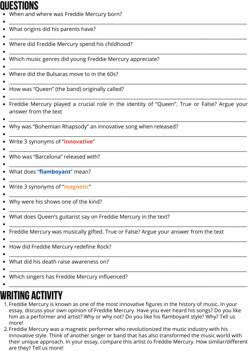 Freddie Mercury reading follow-up: 18 comprehension and vocabulary questions plus two essay prompts.