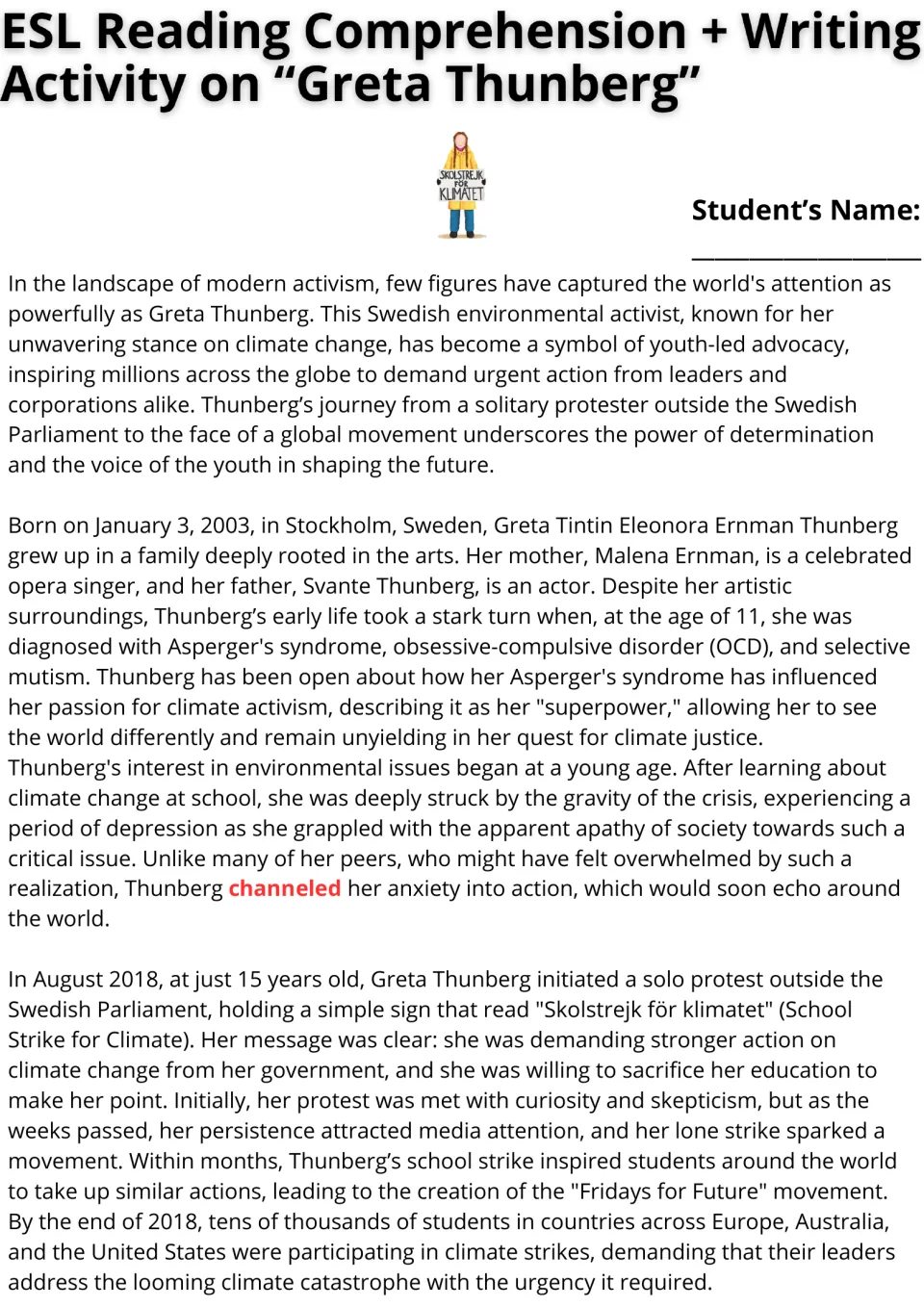 Greta Thunberg reading passage, part 1: her early life, diagnosis and 2018 school strike, with 'channeled' highlighted