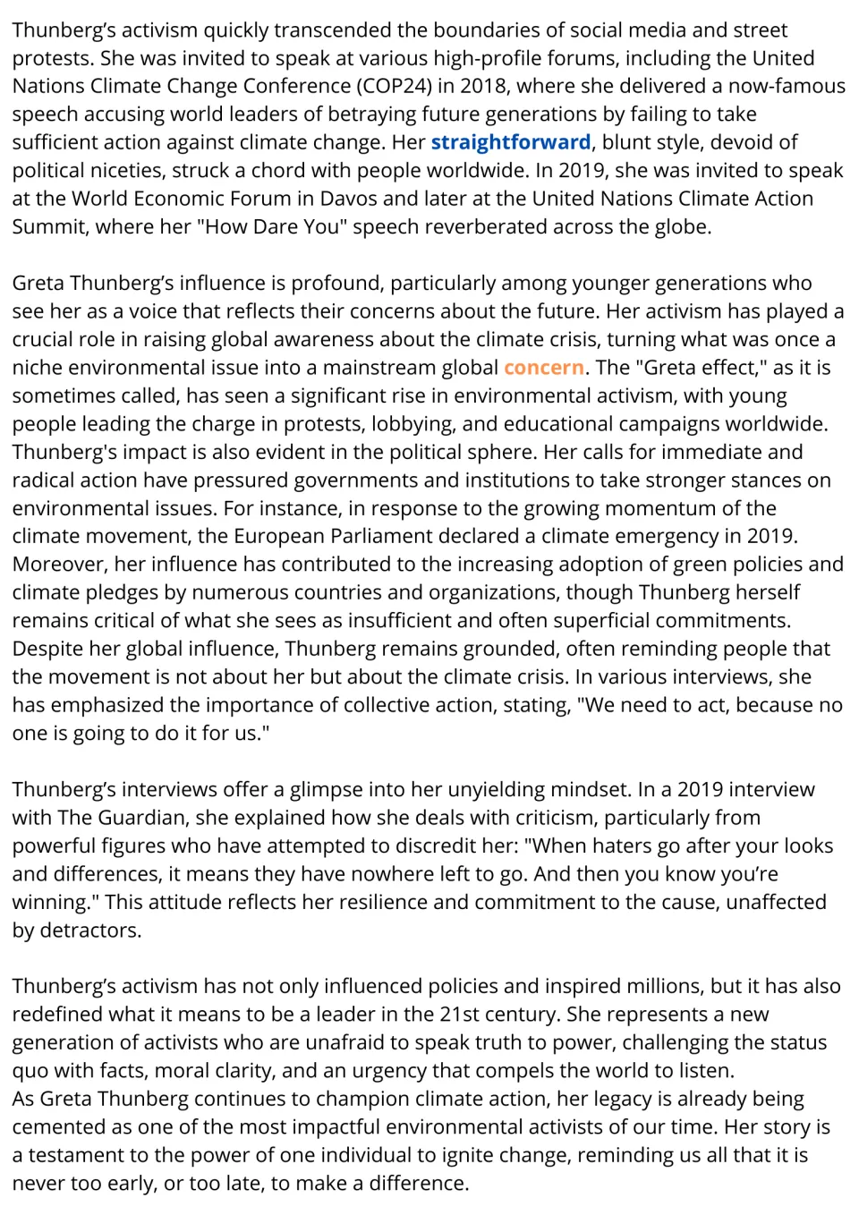 Greta Thunberg reading passage, part 2: UN speeches, the Greta effect and her response to critics, key vocabulary in color