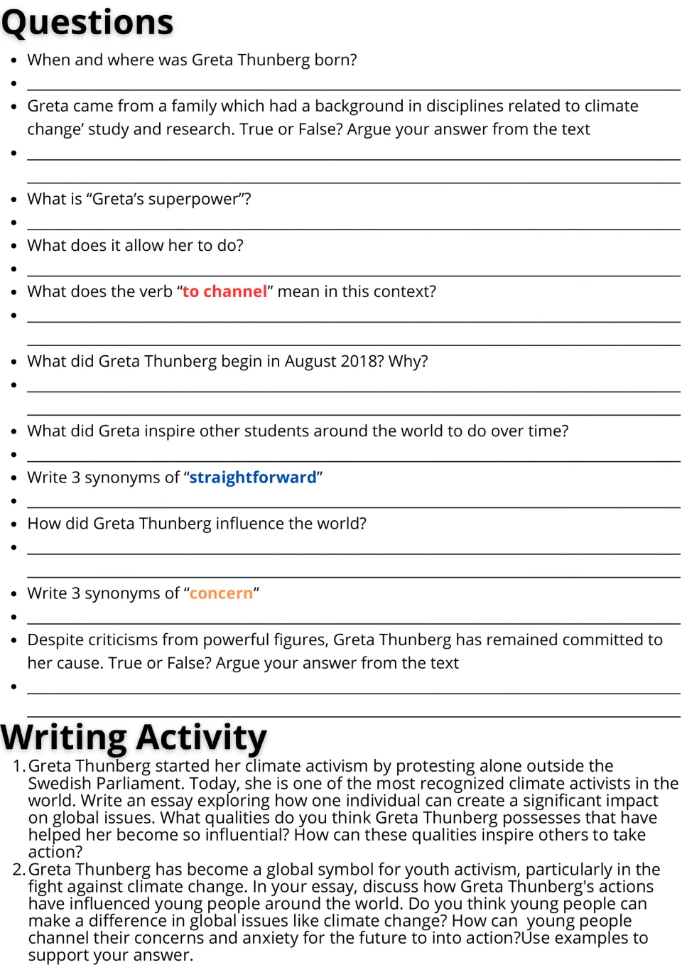 Questions on Greta Thunberg: students answer recall, true/false and synonym items, then write essays on youth activism