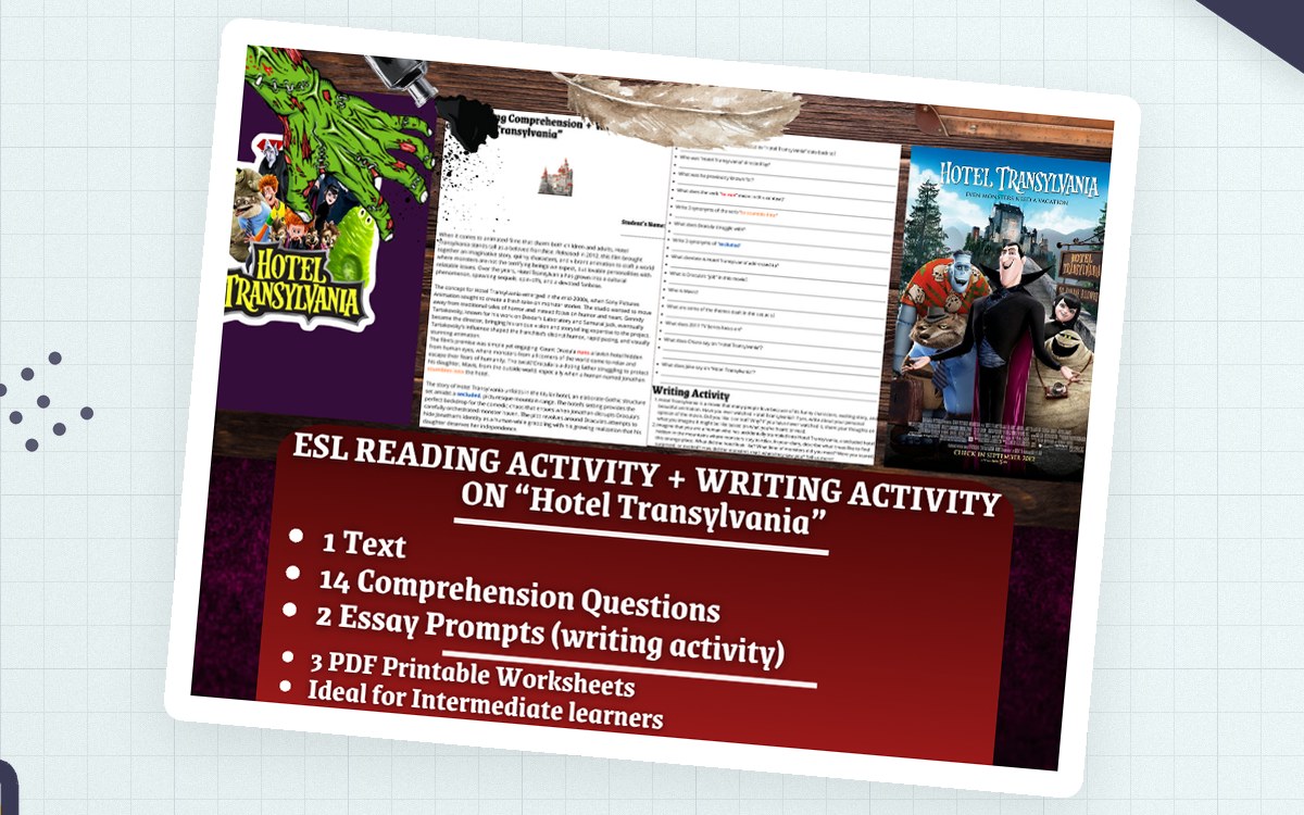ESL Reading Comprehension + Essay Worksheets - Hotel Transylvania teaching resource preview