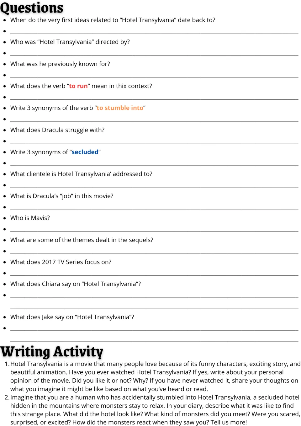 Comprehension questions on the film plus vocabulary synonyms, then two writing prompts: a movie opinion and a diary entry