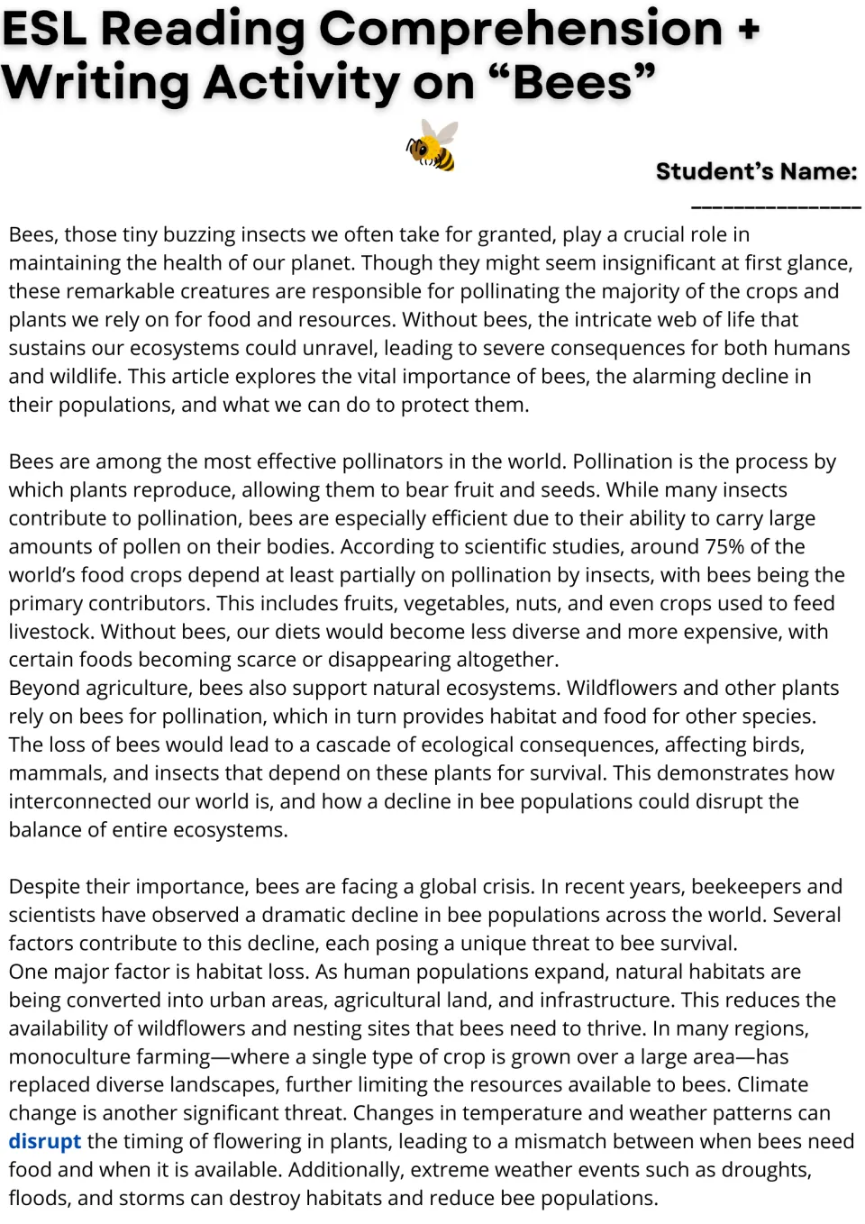 Bees reading passage, part 1: students read about pollination, crop dependence, habitat loss and climate change threats
