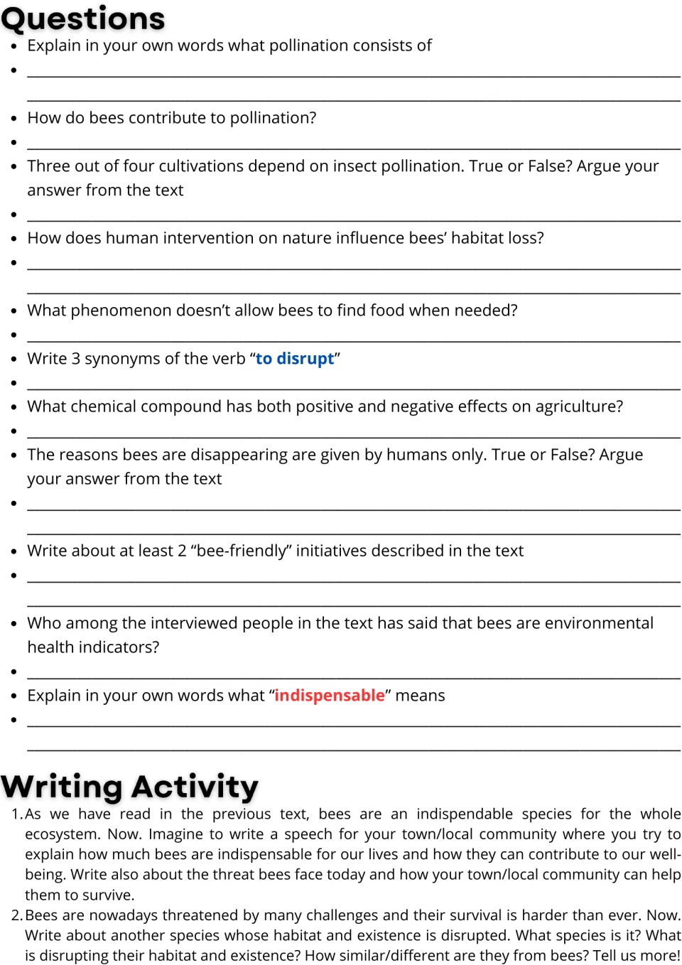 Bee article questions: 11 comprehension and vocabulary items, plus essay prompts: a community speech or another species
