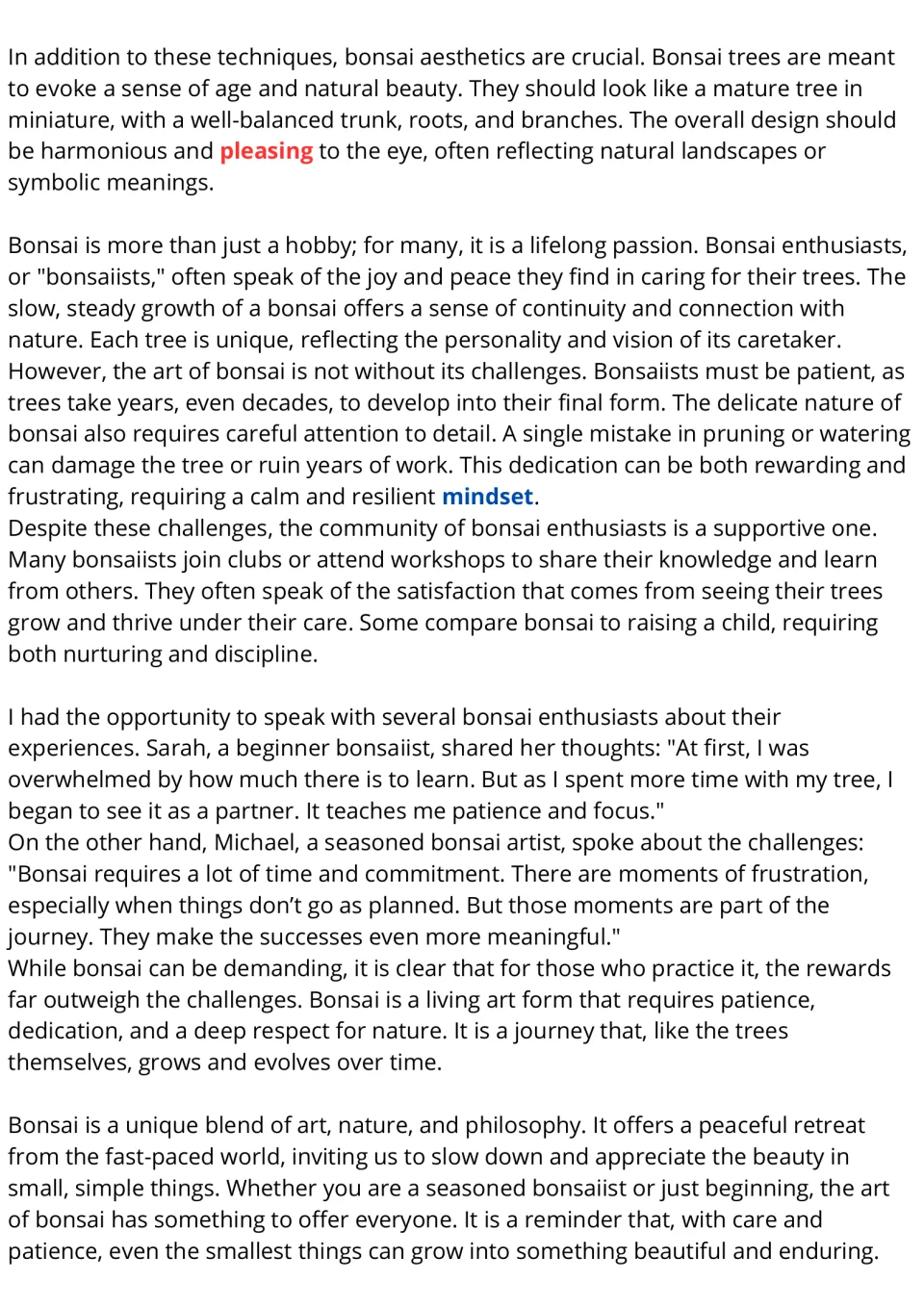 Bonsai passage, part 2: students read on aesthetics, challenges and clubs, plus quotes from Sarah and Michael